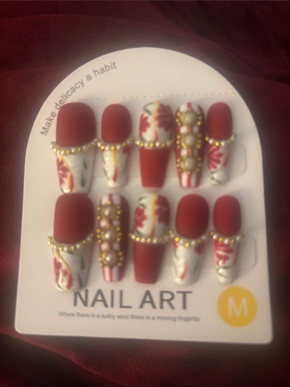Floral Red Matte Press-On Nail Set with Pearl Accents
